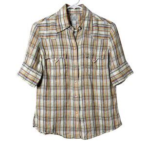 Lucky Brand Linen Plaid Snap Button Up Shirt Short Sleeve Womens Small